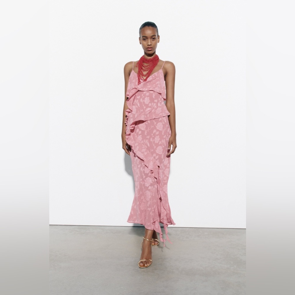 Zara pink jacquard ruffle dress
